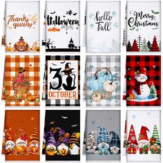 twelve hand towels decorated with holiday designs