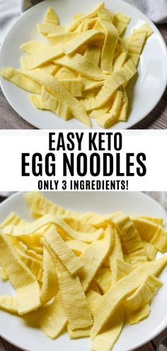 an egg noodle on a white plate with the words, easy keto egg noodles only 3 ingredients