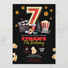 an image of a birthday party card with popcorns and movie tickets on it,