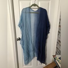 Multi Blue Shade Kimono With Fringe Trim. Light Weight High/Low Smoke Free/Pet Free Home Pit/Pit 32” Shoulder/Hem 32”/ 44”. Approx Casual Blue Flowy Cover-up, Blue Cotton Summer Cover-up, Blue Short Sleeve Beach Cover-up Top, Oversized Blue Casual Cover-up, Blue Short Sleeve Top For Beach Cover-up, Blue V-neck Top, Blue One Size V-neck Top, Blue Casual Tops One Size, Blue V-neck Top One Size