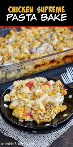 chicken supreme pasta bake on a black plate