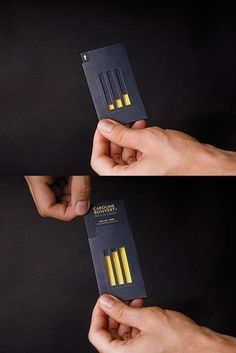 two photos of the same person holding up a business card with yellow bars on it