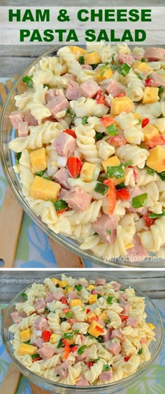 pasta salad with ham and vegetables in a glass bowl