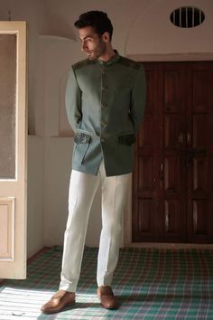 Green full sleeve bandhgala with stitchline thread embroidery in criss cross placement pattern. - Aza Fashions Bandhgala For Men, Placement Pattern, Criss Cross Pattern, Wool Embroidery, Thread Embroidery, Cross Patterns, Band Collar, Aza Fashion, Full Sleeve