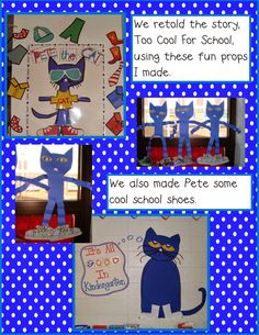 several pictures of blue cats with white polka dots and the words we retod the story too cool for school, using these run props i made