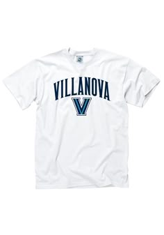 Show off your team pride in this Villanova Wildcats White Arch Short Sleeve T Shirt! This Villanova Short Sleeve Tee features a screen printed wordmark `Villanova` with the V logo. Make sure everyone knows you root for the Wildcats with this White Villanova T Shirt. Go Wildcats! Classic Fit, Tubular construction, Taped neck and shoulders, Quarter-turned to eliminate center crease, Unisex, Fit: True to Size, 100% Cotton White Collegiate Top With Text Print, Collegiate Style White Tops With Logo Print, Collegiate White Pre-shrunk Tops, White Arch, Arch Logo, Short Sleeve T Shirt, Preppy Outfits, Christmas Wishlist, Summer Clothes