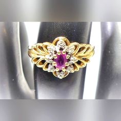 Pre Owned In Great Condition 10k Ruby And Diamond Ring Size 6, 2.28 Grams. Sold As Is Collectible Yellow Gold Jewelry With Accent Stones, Elegant Gold Cluster Birthstone Ring, Vintage Yellow Gold Cluster Ring With Accent Stones, Antique 14k Gold Cluster Jewelry, Vintage Ruby Jewelry With Diamond Accents, 14k Yellow Gold Cluster Ring With Accent Stones, Formal Ruby Ring With Diamond Accents In 14k Gold, Yellow Gold Cluster Ring With Accent Stones, Gold Cluster Ruby Jewelry