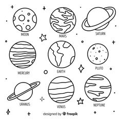 the solar system coloring page with planets in black and white, including saturn, venus, pluto