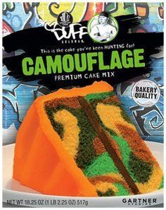 someone holding up a package of camouflage cake mix