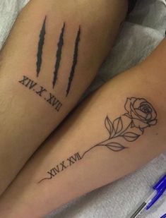 two tattoos on the legs of people that are both with their names and one has a rose