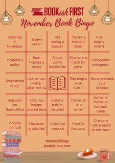 the bookish first november book bingo game is shown with books stacked on top of each other