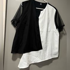 Fun! Asymmetric Bottom Makes A Statement! Sheer Wider Sleeves New Without Tags White Asymmetrical Tops For Workwear, White Asymmetrical Tops For Work, Trendy Black Asymmetrical Blouse, Trendy Asymmetrical Black Blouse, Trendy Black Blouse With Asymmetrical Hem, Shein Tops, Wide Sleeves, Womens Tops, Black White