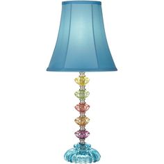 a colorful lamp with a blue shade on it