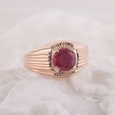 "Vintage style unique 14k rose gold pink ruby signet ring for men, Antique style art deco ring for husband, Gift for dad, Gift for husband Unique gold ring for men, that works well for all occasions, styles, and ages. You will love it! WE OFFER UNLIMITED PERIOD INSTALLMENTS PLAN Ring information: Stone: Lab grown Ruby Approximate size: 7mm Metal type: Gold Metal stamp: 14k Gold Customization / Replacements It's easy to create jewelry that's perfect for you. Change the materials to suit your styl Classic Red 14k Rose Gold Jewelry, Classic Red Jewelry In 14k Rose Gold, Classic Ruby Ring In 14k Rose Gold, Rose Gold 14k Gemstone Signet Ring, Rose Gold Signet Ring With Gemstone, Classic 14k Rose Gold Ruby Ring, Rose Gold Gemstone Signet Ring, Classic Rose Gold Ruby Ring, Classic 14k Rose Gold Ruby Ring Gift