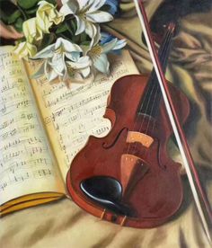 an oil painting of a violin, book and flowers on a sheet music is in the background