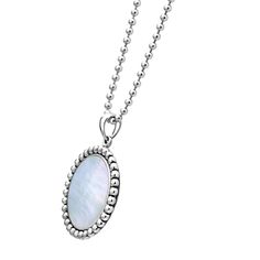 Mother of pearl gemstone pendant framed by sterling silver Caviar beading finished on a sterling silver ball chain necklace. Sterling Silver Beaded Pearl Necklace, Silver Pearl Jewelry With Ball Chain, Silver Necklaces With Round Pendant And Beaded Chain, Sterling Silver Jewelry With White Beaded Chain, Elegant White Jewelry With Ball Chain, Silver Necklace With Oval Pearl Pendant, Elegant White Ball Chain Necklace, Silver Necklace With Oval Pearl Charm Pendant, Sterling Silver Oval Pearl Drop Necklace