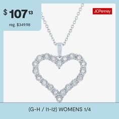 Features: Adjustable, Quick ShipDiamond Clarity: I1-I2Jewelry Closure: Spring Ring ClaspSetting: NickShape: HeartStone Cut: RoundDiamond Color: G-HMetal Color: WhiteChain Length: 18 InchPendant Length: 25mmPendant Width: 22mmRounded Carat Weight: 1/4 Ct. T.w.Chain Construction: BoxCare: Wipe CleanStone Type: 20 Lab Grown DiamondAuthenticity: Lab Grown DiamondBirthstone: April BirthstoneMetal: Sterling SilverNecklace Type: Pendant NecklacesCountry of Origin: Imported Round Heart Necklace For Mother's Day, Heart Pendant Necklace For Anniversary Gift, Open Heart Necklace For Anniversary, White Heart Necklace For Anniversary, Sterling Silver Heart Pendant, Sterling Silver Heart, Heart Pendant Necklace, White Diamond, Spring Rings