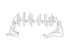 two people are sitting in front of a sound wave, one is listening to the other