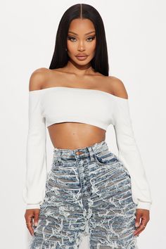 Available In Ivory And Black. Pullover Sweater Long Sleeve Balloon Sleeve Off Shoulder Cropped Ribbed Hem 80% Rayon 20% Nylon Imported | Lissy Off Shoulder Sweater in Ivory size XL by Fashion Nova Crop Top Sweater Outfit, Men Jeans Pants, Black Pullover Sweater, Jumpsuit Men, Black Pullover, Off Shoulder Sweater, Crop Top Sweater, Matching Dresses, Shoulder Sweater