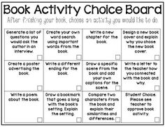 the book activity choice board is shown in black and white, with text on it