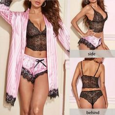 You’ll Look Sweet And Sexy In This 4 Pc. Pink And Black Satin Feel, With Lace. Set Includes A Belted Robe, Lingerie Top & Matching Shorts Pjs. Size Xl See Pics For Measurements. Pink Short Bedtime Sets, Pink Lace Trim Sets For Loungewear, Pink Lace Trim Pajama Party Sets, Pink Lace Trim Sets For Pajama Party, Pink Stretch Sleepwear For Night, Pink Stretch Pajama Shorts For Bedtime, Fitted Pink Pajama Shorts For Pajama Party, Lingerie Shorts, Belted Robe