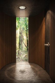 an open door leading into a forest filled with trees