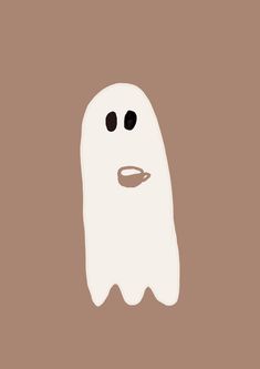 a white ghost with black eyes and an oval nose is standing in front of a brown background