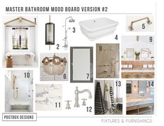 bathroom mood board with white and gold accents