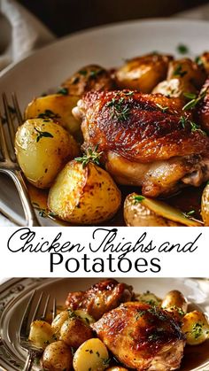 chicken thighs and potatoes on a white plate