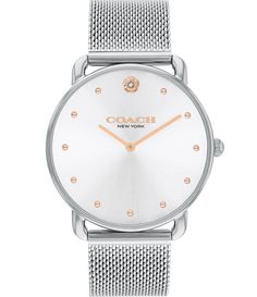 From COACH&#x2C; the Women's Elliot Quartz Analog Silver Mesh Bracelet Watch features:Stainless steel case and mesh braceletApprox. case diameter: 36mmMineral crystalQuartz analog movementFold-over clasp closureWater-resistant up to 99 feetSilver white dialImported. Accessories Watches Women, Round Watch, Xmas Gift Ideas, Mesh Bracelet, Stainless Steel Mesh, Steel Mesh, White Dial, Dillard's, Minerals Crystals