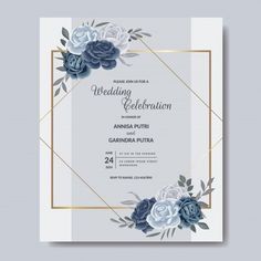 an elegant wedding card with flowers and leaves on the front, in blue tones is shown