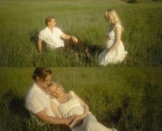 two photos of a man and woman sitting in the grass with their baby on his lap