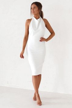 Backless Midi Dress - White - JAUS Midi Dress Classy, Figure Hugging Dress, Australian Clothing, Lover Dress, Backless Midi Dress, Engagement Dresses, White Midi Dress, Clothing Labels, Crepe Fabric