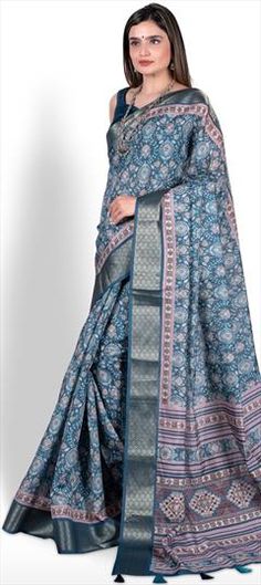 Blue color Saree in Art Silk, Silk fabric with Digital Print work Traditional Blue Saree With Digital Print, Blue Art Silk Saree With Block Print, Blue Art Silk Saree With Printed Motifs, Traditional Blue Printed Saree, Festive Blue Printed Saree, Festive Printed Blue Saree, Blue Silk Saree With Digital Print, Blue Traditional Pattern Saree Fabric, Unstitched Blue Digital Print Saree