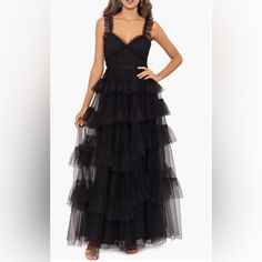 Betsy& Adam Form Black Gown With Ruffled Tiers And Sweetheart Neck. Adjustable Straps. Great For A Black Tie Event! Evening Tiered Gown With Ruffled Skirt, Black Ruffled Gown For Party, Black Ruffled Party Gown, Party Gown With Ruffles In Black, Elegant Dresses With Ruffled Tulle Straps, Party Gown With Sweetheart Neckline And Ruffles, Black Ruffled Maxi Dress For Gala, Black Maxi Evening Dress With Ruffles, Elegant Black Maxi Dress With Ruffled Straps