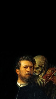 a painting of a man with a violin and two skulls in the dark behind him