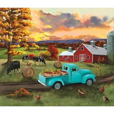 a painting of a farm scene with an old blue truck filled with fruit and vegetables