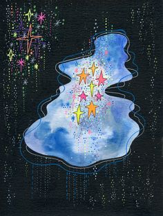 a painting with stars on it and water in the background