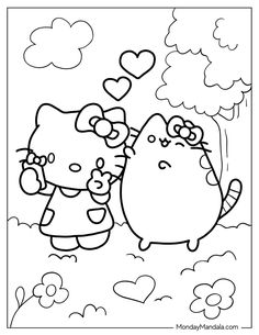 hello kitty and her friend are hugging in the park coloring pages for kids to color