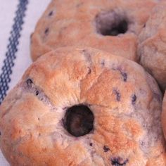 three blueberry bagels sitting on top of a table