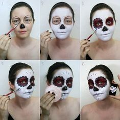 33 Simple Sugar Skull Makeup looks- 2020 DIY Halloween Makeup Ideas - juelzjohn Sugar Skull Makeup Tutorial, Halloween Maquillage, Halloween Sugar Skull, Make Up Foundation