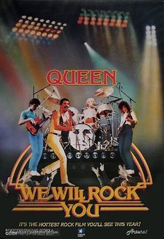 the poster for queen's we will rock you tour, with their band on stage