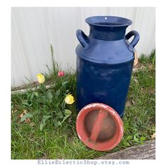 a blue vase sitting on the grass next to a red bowl