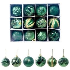 twelve green christmas ornaments in boxes and hanging from the ceiling, all with different designs on them