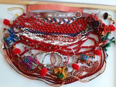 Large Lot red theme junk beaded necklaces and bracelet for crafting projects - all wear except for the elephant beaded strand which is not a necklace- sold as is. similar lots are listed  To make this a smooth and pleasant transaction experience for everyone, all buyers need to read and understand the description, the terms of sale , the payment and the shipping indicated in this listing. Return not accepted - please ask before purchase. Red Vintage Bracelets For Festivals, Vintage Red Bracelets For Festival, Red Round Beaded Bracelets For Festivals, Red Traditional Beads For Crafting, Traditional Red Beads For Crafting, Red Bohemian Beads For Crafting, Red Beaded Bracelets For Festivals, Handmade Red Beaded Bracelets For Festivals, Red Beaded Jewelry For Gift Making