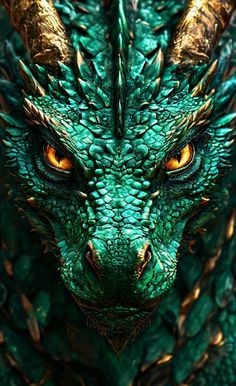 a green dragon with orange eyes and gold horns