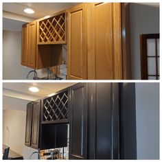 two pictures of kitchen cabinets with wine racks in them