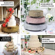 four different types of wedding cakes with flowers on each tiers and the words elegant & sophisticated