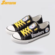 NFL Pittsburgh Steelers Low Top Canvas Shoes Sport Sneakers Walk The Talk Of Team Pride With Every Step the ultimate footwear for football enthusiasts. These stylish and versatile shoes are designed with the iconic NFL team logos and colors, allowing you to proudly represent your favorite team wherever you go. The low top design offers [...] Casual Custom Sneakers For Sports Season, Streetwear Custom Sneakers With Round Toe And Logo, Custom Logo Sneakers With Round Toe For Streetwear, Casual Custom Lace-up Sneakers For Sports Season, Casual Lace-up Custom Sneakers For Sports Season, Casual Low-top Sneakers For Sports Events, White Sole Skate Shoes With Logo Print For Sports, Sporty Sneakers With Logo Print For Sports Events, Custom Lace-up Sneakers For Sports With Logo