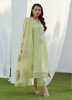 Farah Talib Aziz Uma Mint Embellished Shirt and Dupatta Eid Edition Eid Embellished Pista Green Kurta, Spring Pista Green Kurta With Mirror Work, Spring Georgette Set With Mirror Work, Embellished Pista Green Salwar Kameez For Eid, Green Embroidered Palazzo Set For Summer, Embroidered Green Palazzo Set For Summer, Summer Embroidered Green Palazzo Set, Embellished Georgette Kurta For Summer, Embellished Straight Kurta For Summer